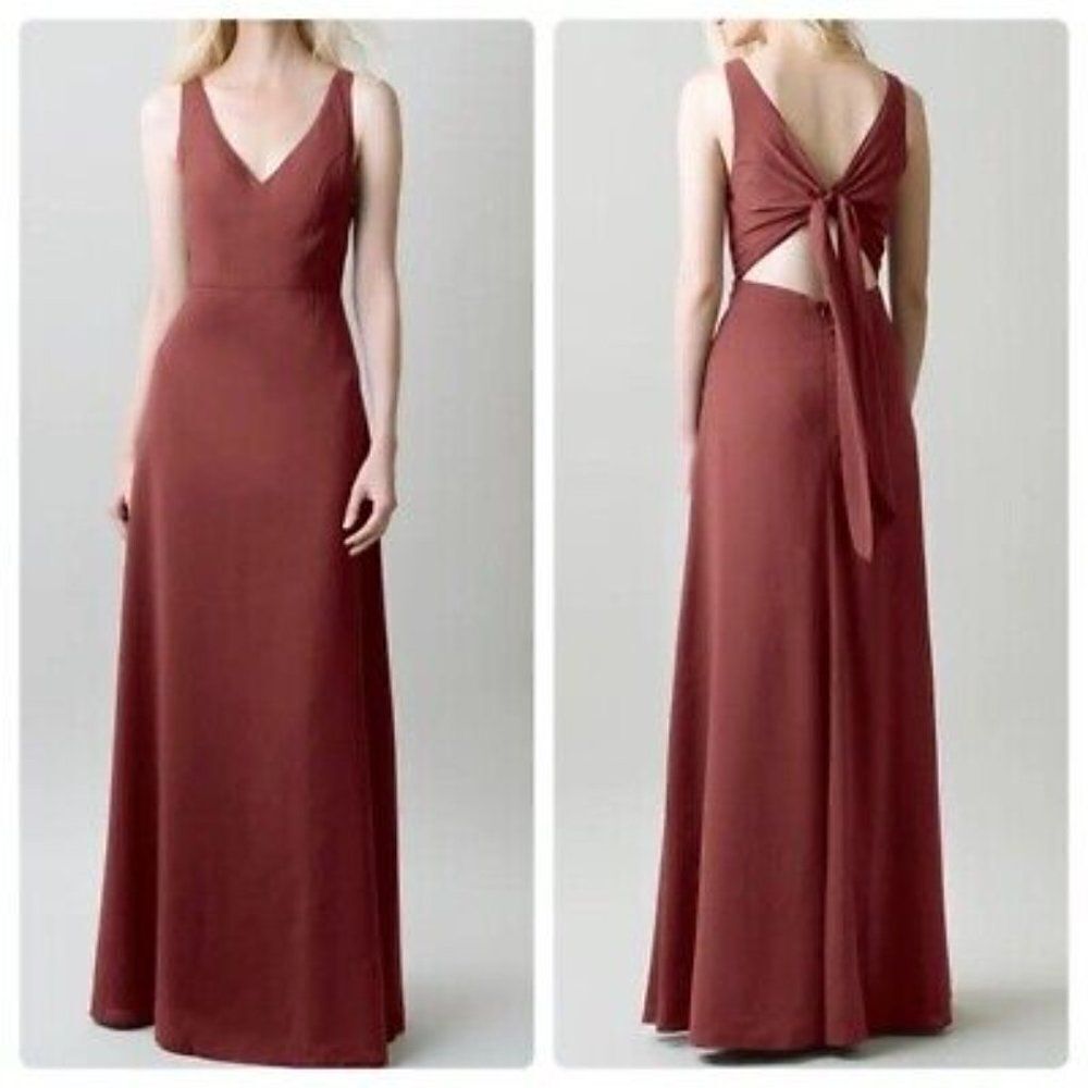 Jenny Yoo deep pink cinnamon rose Delaney v-neck tie back bridesmaid maxi dress
